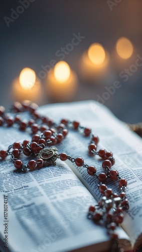 Serene Bible with Red Rosary Beads and Candlelight