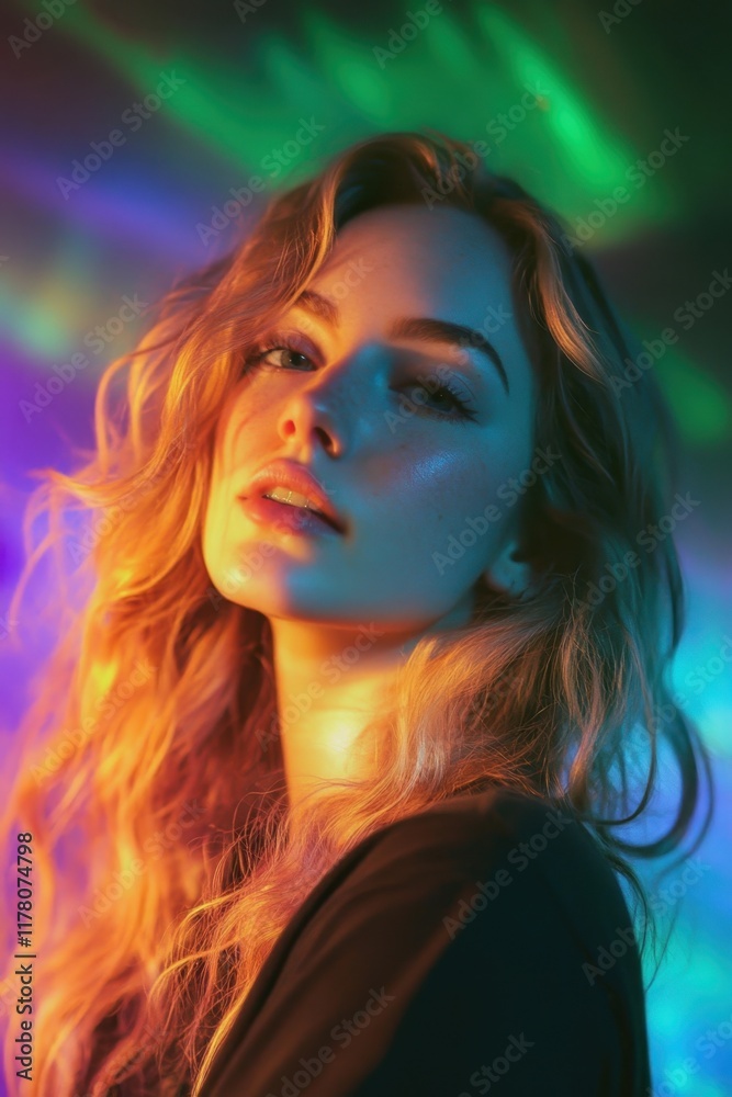 Captivating portrait under the enchanting glow of aurora borealis lights at midnight in a serene landscape Captivating portrait under the enchanting glow of aurora borealis lights at midnight in a serene landscape