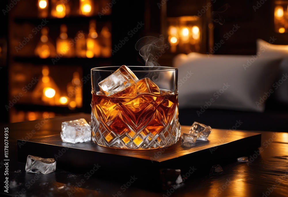 stylized whiskey glass surrounded ice chunks wispy smoke evoking sense refreshing indulgence sophistication, drink, beverage, style, chilling stylized whiskey glass surrounded ice chunks wispy smoke evoking sense refreshing indulgence sophistication, drink, beverage, style, chilling