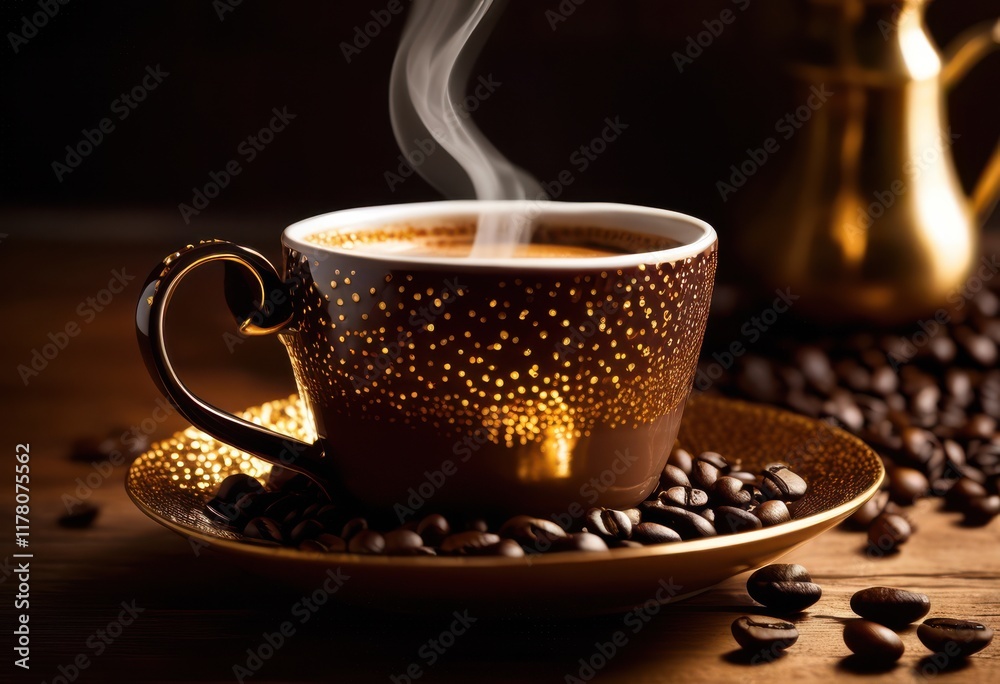 Obraz premium detailed close coffee cup surrounded scatterings freshly roasted coffee beans wooden table, artisan, beverage, drink, culture, aroma, steam, texture, ground