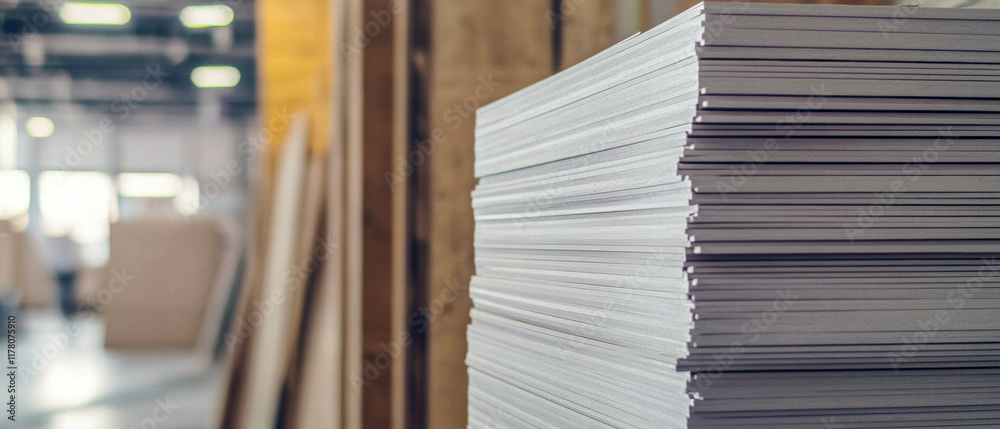 Fototapeta premium Drywall stacked in a construction warehouse ready for installation