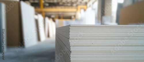 Pristine drywall stacked neatly in a well-lit construction warehouse environment photo