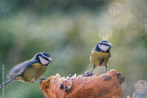 Blue tits on a pumpkin with bokeh background