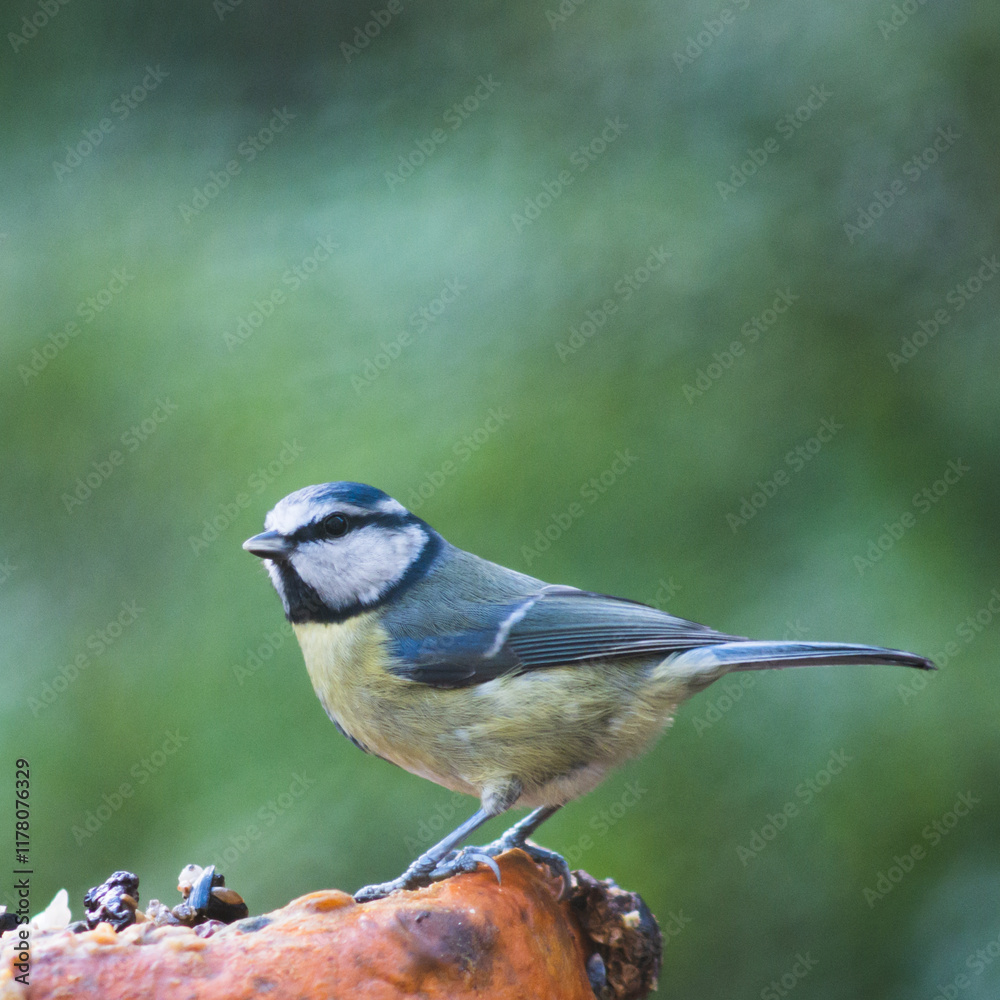 Fototapeta premium Blue tit on a pumpkin with blurred background