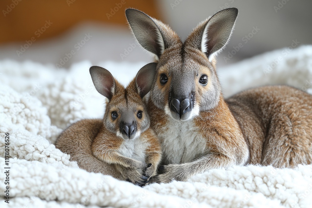 Fototapeta premium Two 'roos snuggle up together on a soft, white blanket