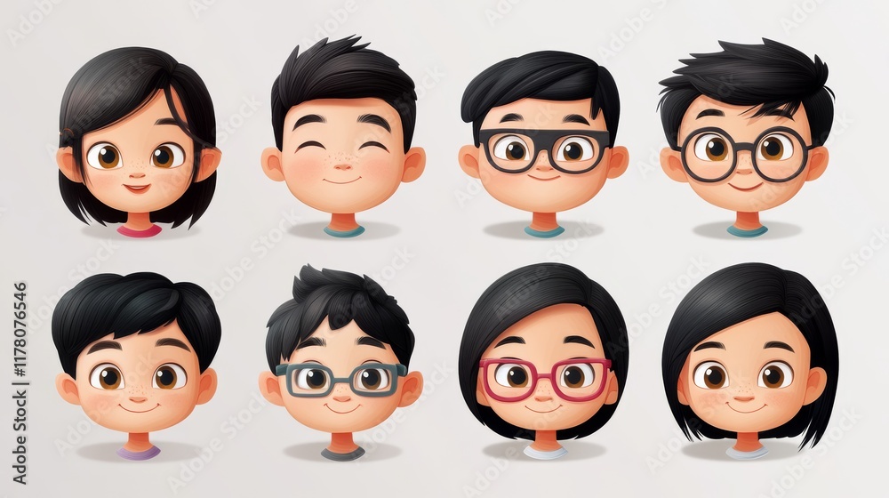 Girl face construction, child avatar creation with head parts isolated on white background. Vector cartoon set of asian kid face generator with eyes and glasses, noses, hairstyles, brows and lips Girl face construction, child avatar creation with head parts isolated on white background. Vector cartoon set of asian kid face generator with eyes and glasses, noses, hairstyles, brows and lips