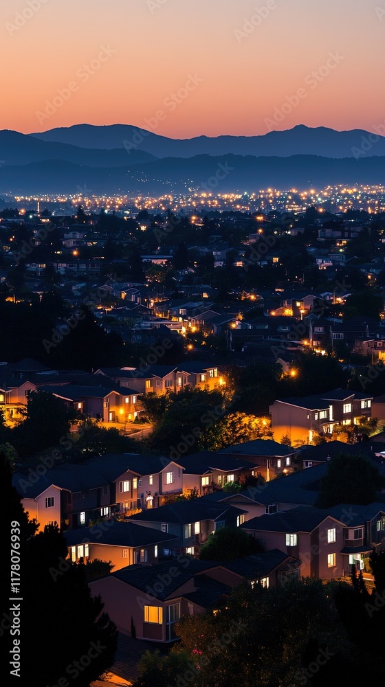 Fototapeta premium Suburban cityscape at dusk with glowing lights and mountain backdrop.