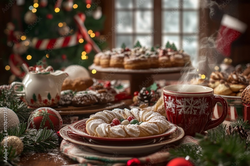 Breakfast table with steaming mugs of hot cocoa and cozy ambiance Breakfast table with steaming mugs of hot cocoa and cozy ambiance