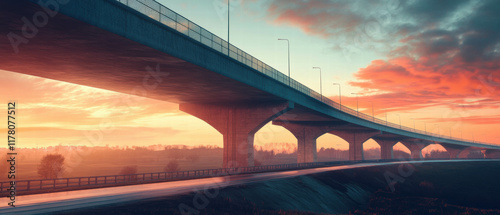 Vivid repainting of a large bridge under a colorful sunset sky with soft lighting photo