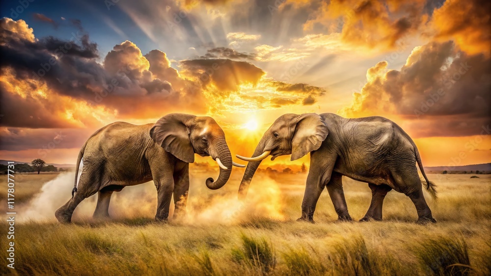 Fototapeta premium Serengeti Elephants Clash: Double Exposure Wildlife Photography