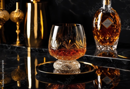 elegant premium whiskey glass featuring rich amber liquid chic backdrop exuding sense luxury sophistication, elegance, drink, bar, beverage, clarity, style