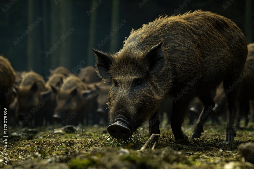 A group of wild boars roaming freely in a dense forest, possibly searching for food A group of wild boars roaming freely in a dense forest, possibly searching for food