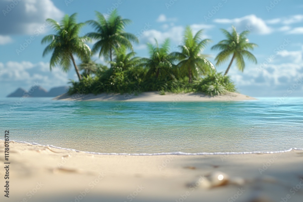 Fototapeta premium A serene beach scene with a small island in the distance, suitable for travel or nature-themed projects