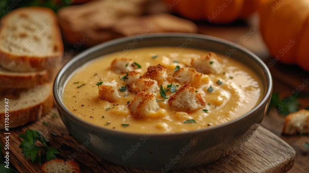 A bowl of creamy pumpkin soup topped with croutons and parsley, served on a wooden board with slices of bread and pumpkins in the background A bowl of creamy pumpkin soup topped with croutons and parsley, served on a wooden board with slices of bread and pumpkins in the background