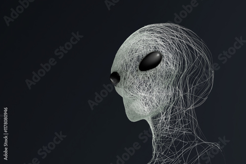 Unique portrait of a futuristic alien with striking green eyes photo