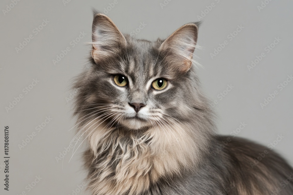 Obraz premium A curious fluffy cat with bright green eyes directly addresses the viewer
