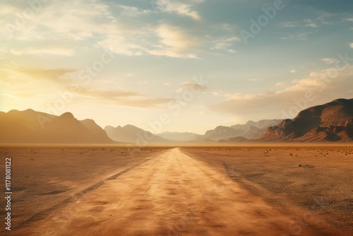 Cinematic journey on a desert road  solitude and adventure in the ancient valley at sunset photo