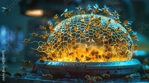 A glowing robotic hive autonomously assembling micro-drones in a futuristic laboratory photo