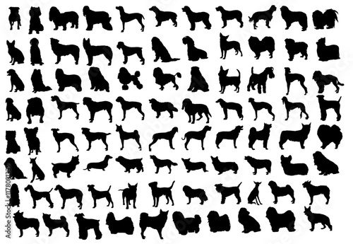 Shadow Pups: A compilation of canine silhouettes showcasing a diverse array of dog breeds in a minimalistic design. Evokes a sense of simple design.