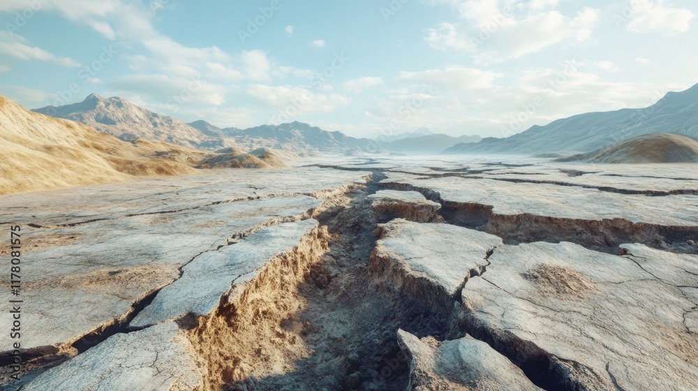 Obraz premium Cracked ground after earthquake reveals deep fissures and a transformed landscape in a remote mountainous region