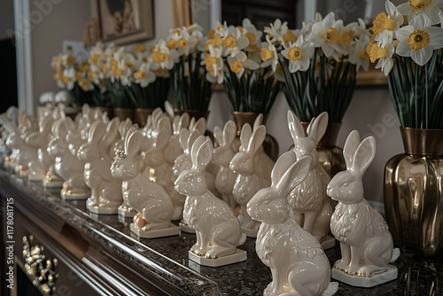 easter decor display, mantelpiece adorned with wooden bunny figurines, blooming daffodils in a vase, radiating easter joy family closeness