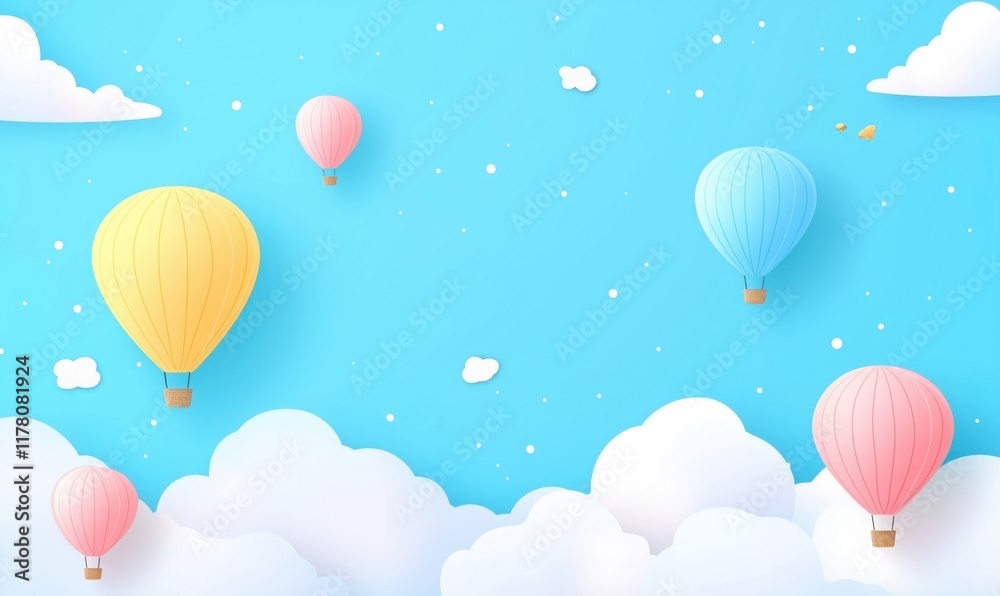 Colorful hot air balloons floating in a bright blue sky with fluffy clouds and a serene atmosphere Colorful hot air balloons floating in a bright blue sky with fluffy clouds and a serene atmosphere
