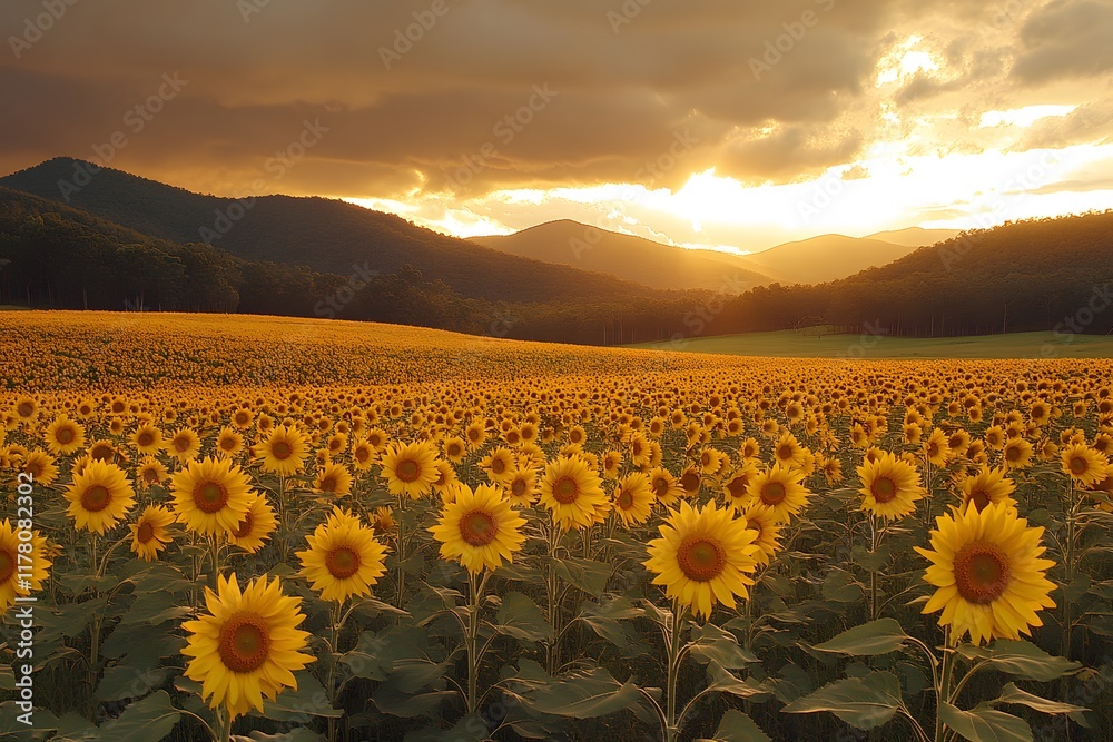 Obraz premium Golden Sunset Over Sunflower Field with Majestic Mountain Backdrop