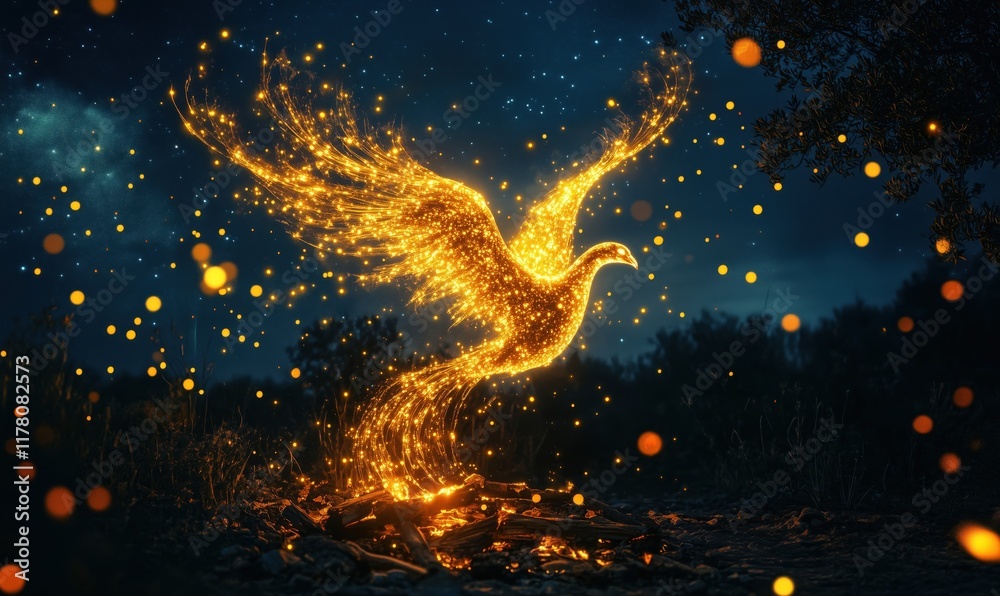 Glowing Phoenix Rising from Campfire Embers, Surrounded by Sparkling Lights and Night Sky Glowing Phoenix Rising from Campfire Embers, Surrounded by Sparkling Lights and Night Sky