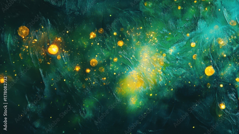 Fototapeta premium Twinkling fireflies creating a magical atmosphere in a lush green landscape at dusk in a serene natural setting