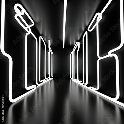 abstract minimal background glowing lines tunnel neon lights 3d rendering photo