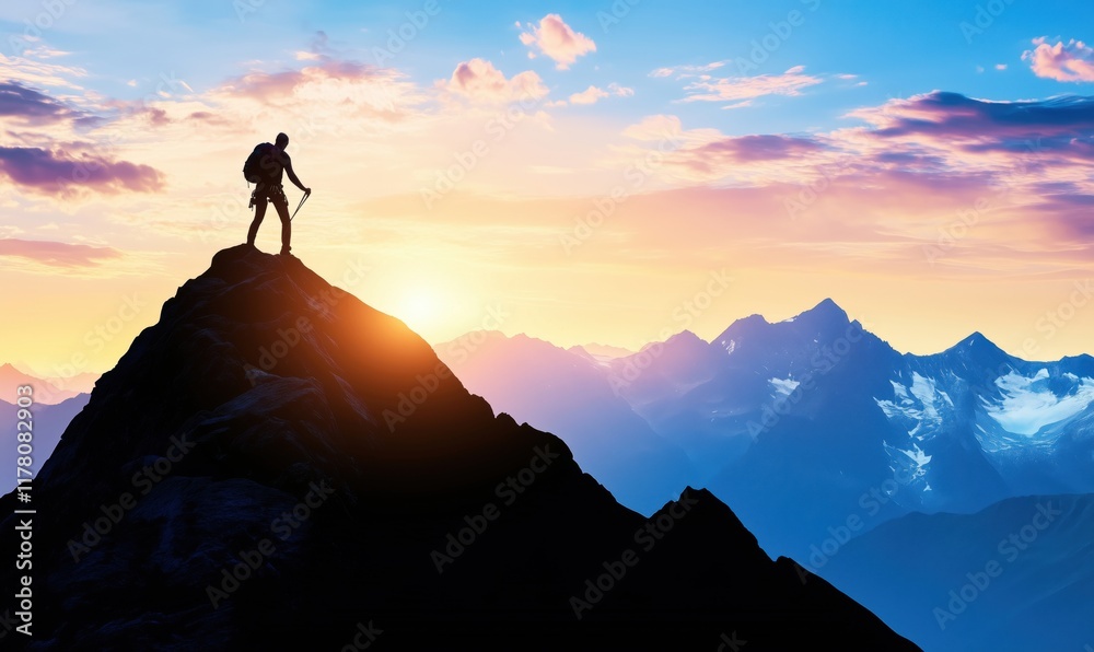 Mountain climber reaching summit at sunset, breathtaking view of peaks and valleys, vibrant sky with clouds, silhouette of adventurer Mountain climber reaching summit at sunset, breathtaking view of peaks and valleys, vibrant sky with clouds, silhouette of adventurer