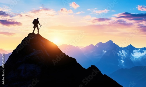 Mountain climber reaching summit at sunset, breathtaking view of peaks and valleys, vibrant sky with clouds, silhouette of adventurer