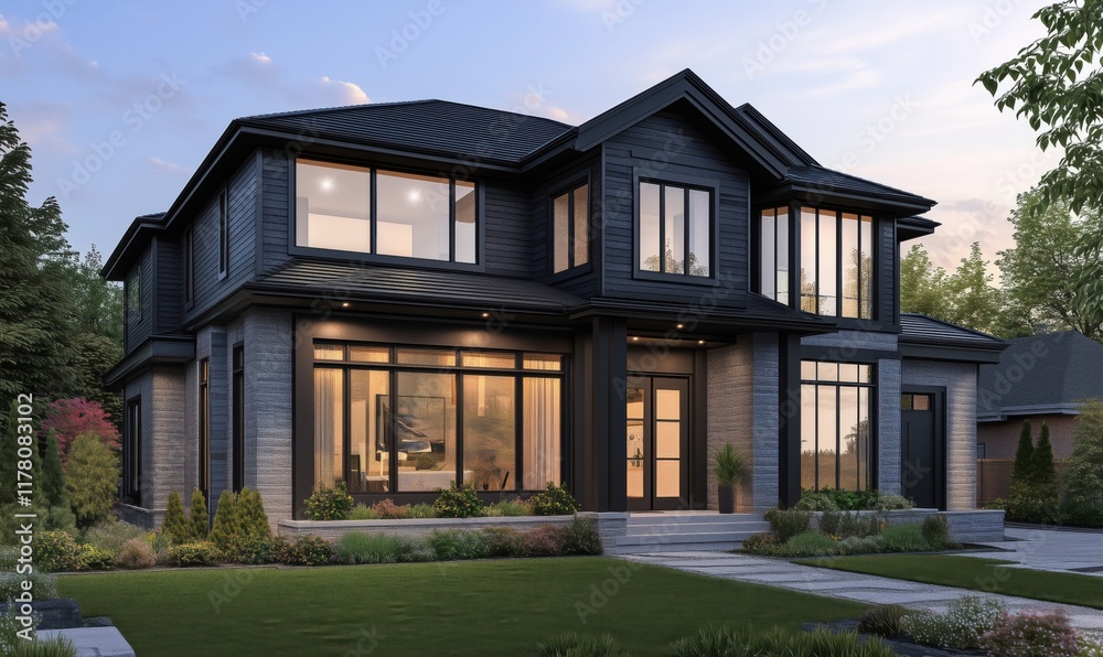 Modern luxury home exterior with large windows, landscaped garden, and contemporary design features Modern luxury home exterior with large windows, landscaped garden, and contemporary design features