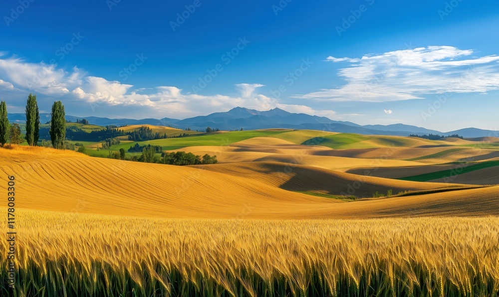 Golden wheat fields under blue sky with mountains in background, lush green hills, and dramatic clouds Golden wheat fields under blue sky with mountains in background, lush green hills, and dramatic clouds