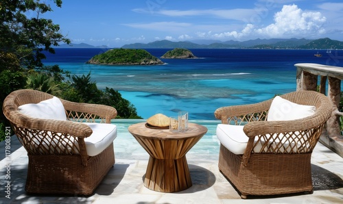 Tropical paradise view with wicker chairs, wooden table, and stunning ocean landscape featuring islands and blue skies photo