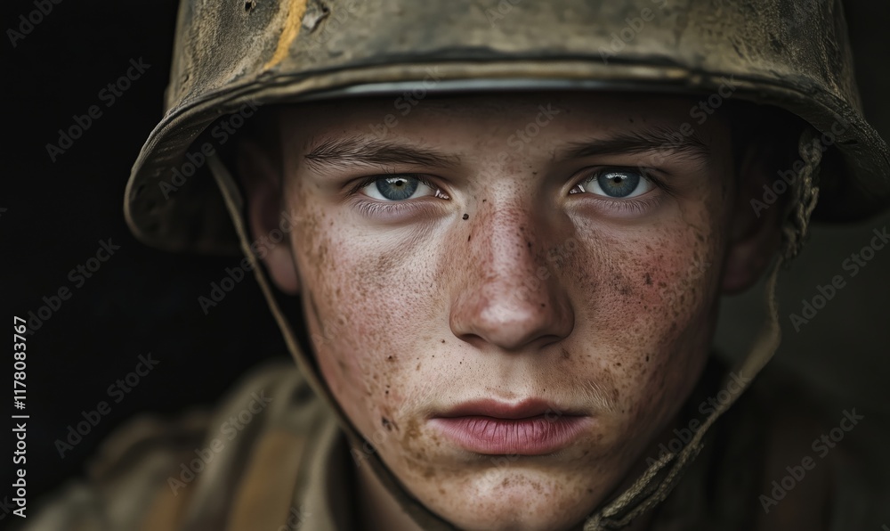 Intense portrait of young soldier with piercing blue eyes, freckles, and dirt-streaked face, wearing a worn helmet, conveying emotions of bravery and resilience Intense portrait of young soldier with piercing blue eyes, freckles, and dirt-streaked face, wearing a worn helmet, conveying emotions of bravery and resilience