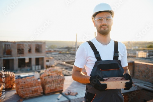 Construction worker in uniform and safety equipment have job on building photo