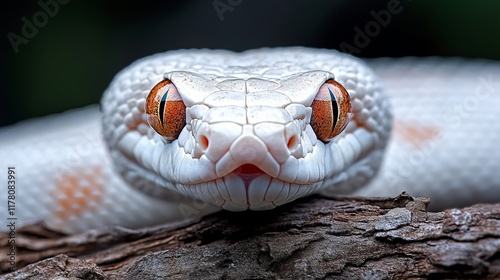 A close up of a white snake with orange eyes