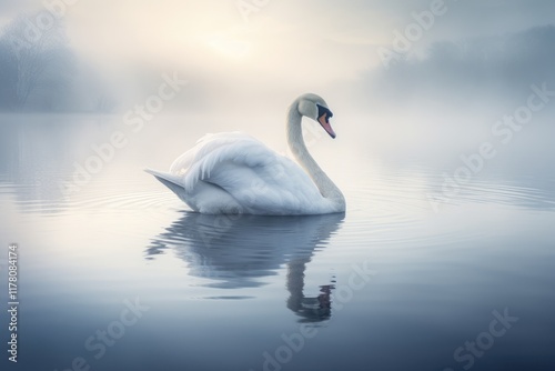 An elegant white swan glides gracefully over the calm waters of a misty lake during the early morning light, showcasing its beauty in a serene natural setting