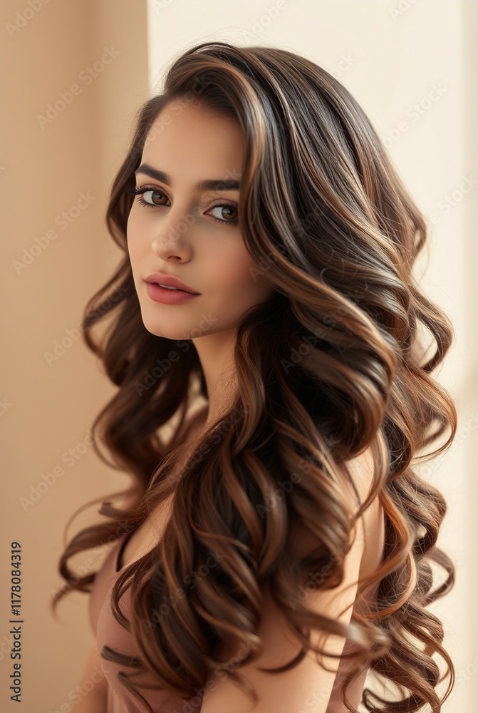 Naklejka premium Beautiful Woman with Long, Wavy Hair Posing Elegantly in Soft Natural Light