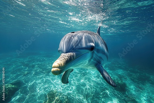 A dolphin swims in the open ocean, its mouth agape