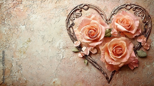 Peach roses in metal heart on textured background.