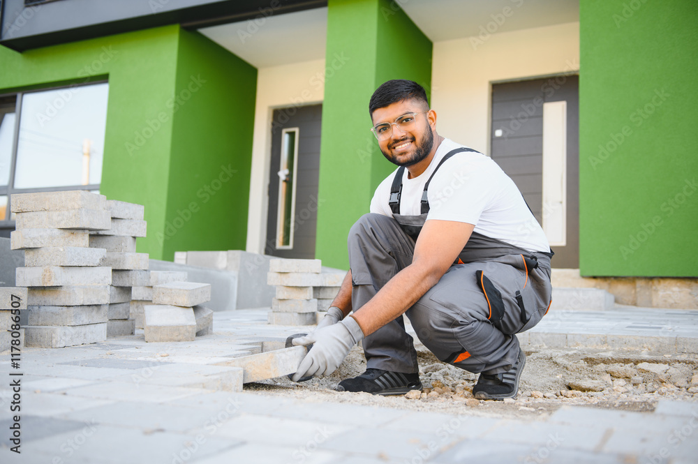 Indian master in gloves lays paving stones in layers. Garden brick pathway paving by professional paver worker. Laying gray concrete paving slabs in house courtyard on sand foundation base Indian master in gloves lays paving stones in layers. Garden brick pathway paving by professional paver worker. Laying gray concrete paving slabs in house courtyard on sand foundation base