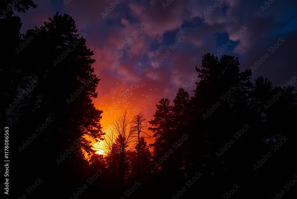 Magical Sunset Through Pine Trees with Fiery Sky Magical Sunset Through Pine Trees with Fiery Sky