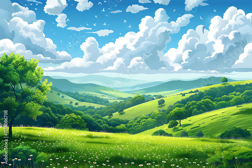 landscape illustration, high definition vector cartoon illustration of a meadow with rolling grassy slopes and clouds