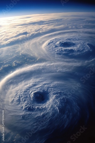 Hurricanes and tornadoes swirl over the ocean in a display of nature's power and beauty against a clear sky photo