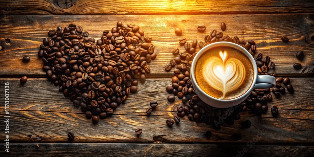 Silhouette of Latte Art Heart & Coffee Beans on Rustic Wood Silhouette of Latte Art Heart & Coffee Beans on Rustic Wood