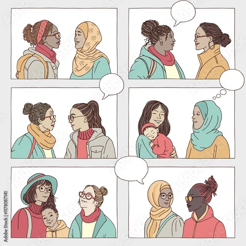 Hand drawn illustration of diverse women talking to each other photo