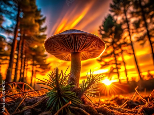 Silhouette of Lepista Nuda Mushroom Among Pine Needles at Sunset
