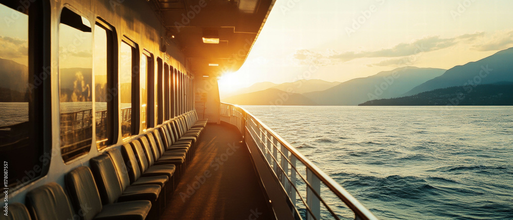 Fototapeta premium Sunset cruise with ocean breeze creating a serene atmosphere on calm waters